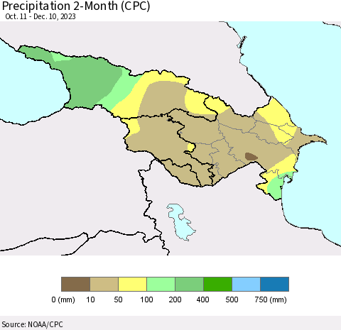 Azerbaijan, Armenia and Georgia Precipitation 2-Month (CPC) Thematic Map For 10/11/2023 - 12/10/2023