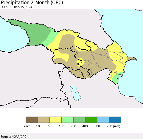 Azerbaijan, Armenia and Georgia Precipitation 2-Month (CPC) Thematic Map For 10/16/2023 - 12/15/2023