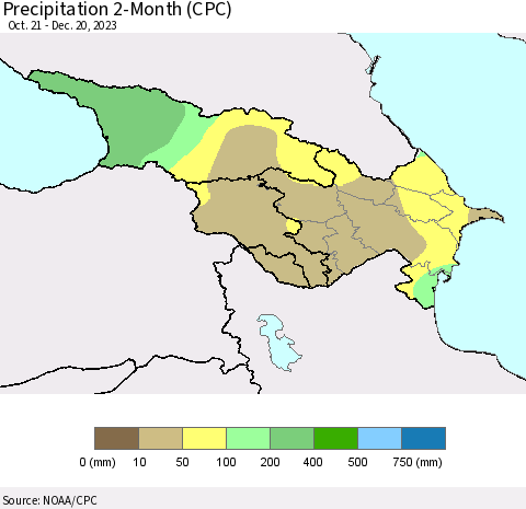 Azerbaijan, Armenia and Georgia Precipitation 2-Month (CPC) Thematic Map For 10/21/2023 - 12/20/2023