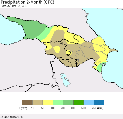 Azerbaijan, Armenia and Georgia Precipitation 2-Month (CPC) Thematic Map For 10/26/2023 - 12/25/2023