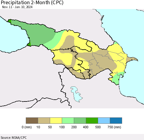 Azerbaijan, Armenia and Georgia Precipitation 2-Month (CPC) Thematic Map For 11/11/2023 - 1/10/2024