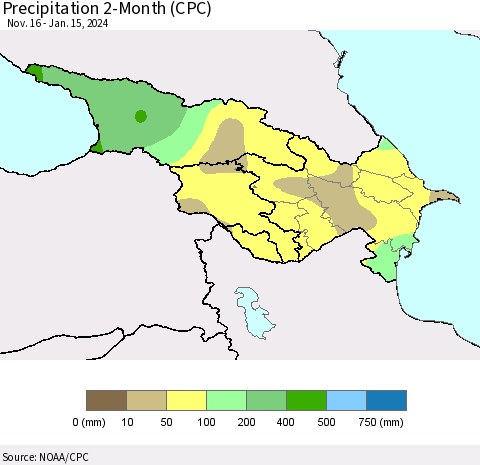 Azerbaijan, Armenia and Georgia Precipitation 2-Month (CPC) Thematic Map For 11/16/2023 - 1/15/2024