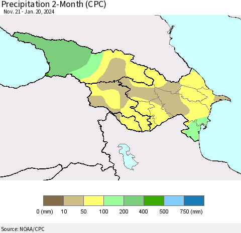 Azerbaijan, Armenia and Georgia Precipitation 2-Month (CPC) Thematic Map For 11/21/2023 - 1/20/2024