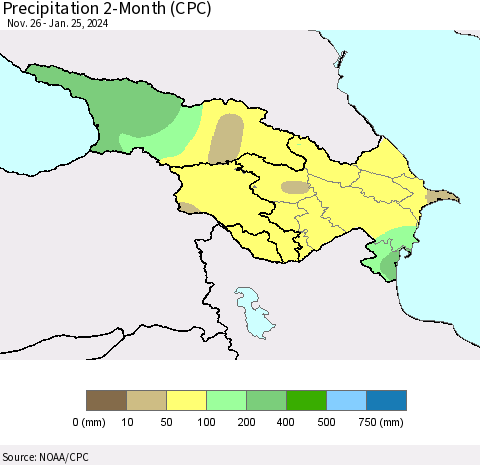 Azerbaijan, Armenia and Georgia Precipitation 2-Month (CPC) Thematic Map For 11/26/2023 - 1/25/2024