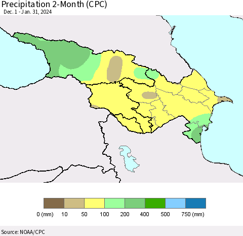 Azerbaijan, Armenia and Georgia Precipitation 2-Month (CPC) Thematic Map For 12/1/2023 - 1/31/2024