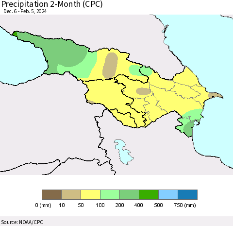 Azerbaijan, Armenia and Georgia Precipitation 2-Month (CPC) Thematic Map For 12/6/2023 - 2/5/2024