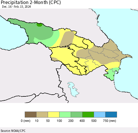 Azerbaijan, Armenia and Georgia Precipitation 2-Month (CPC) Thematic Map For 12/16/2023 - 2/15/2024