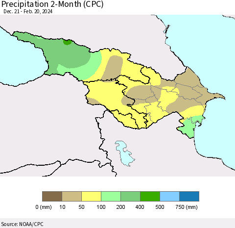 Azerbaijan, Armenia and Georgia Precipitation 2-Month (CPC) Thematic Map For 12/21/2023 - 2/20/2024