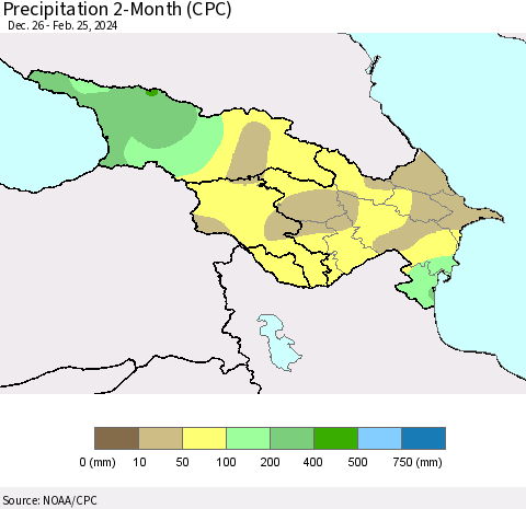 Azerbaijan, Armenia and Georgia Precipitation 2-Month (CPC) Thematic Map For 12/26/2023 - 2/25/2024