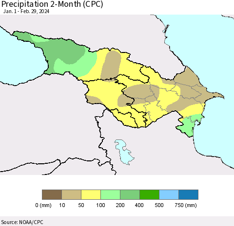 Azerbaijan, Armenia and Georgia Precipitation 2-Month (CPC) Thematic Map For 1/1/2024 - 2/29/2024