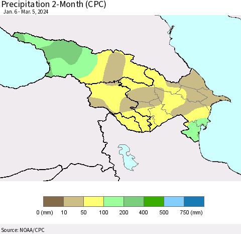 Azerbaijan, Armenia and Georgia Precipitation 2-Month (CPC) Thematic Map For 1/6/2024 - 3/5/2024