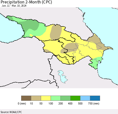 Azerbaijan, Armenia and Georgia Precipitation 2-Month (CPC) Thematic Map For 1/11/2024 - 3/10/2024
