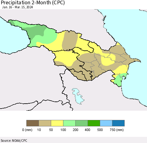 Azerbaijan, Armenia and Georgia Precipitation 2-Month (CPC) Thematic Map For 1/16/2024 - 3/15/2024