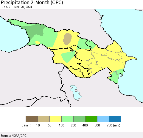 Azerbaijan, Armenia and Georgia Precipitation 2-Month (CPC) Thematic Map For 1/21/2024 - 3/20/2024