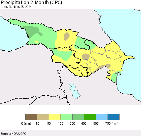 Azerbaijan, Armenia and Georgia Precipitation 2-Month (CPC) Thematic Map For 1/26/2024 - 3/25/2024