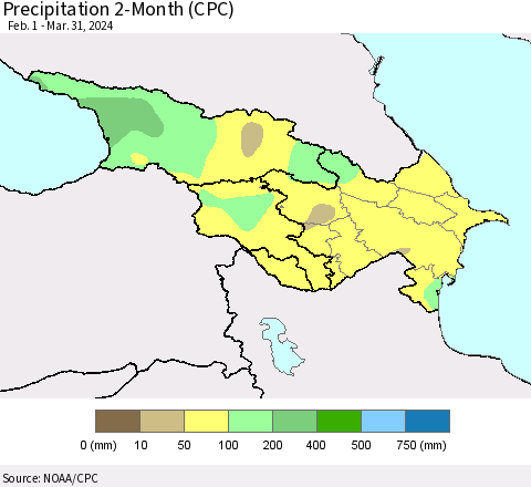 Azerbaijan, Armenia and Georgia Precipitation 2-Month (CPC) Thematic Map For 2/1/2024 - 3/31/2024