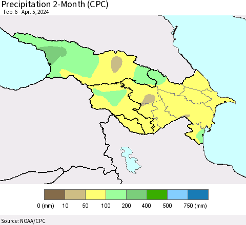 Azerbaijan, Armenia and Georgia Precipitation 2-Month (CPC) Thematic Map For 2/6/2024 - 4/5/2024