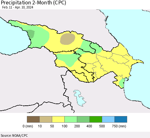 Azerbaijan, Armenia and Georgia Precipitation 2-Month (CPC) Thematic Map For 2/11/2024 - 4/10/2024