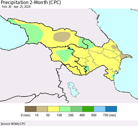 Azerbaijan, Armenia and Georgia Precipitation 2-Month (CPC) Thematic Map For 2/26/2024 - 4/25/2024