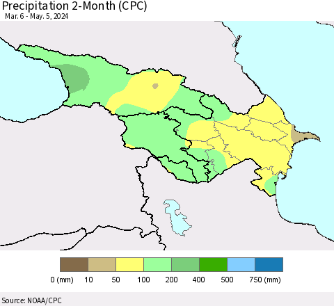 Azerbaijan, Armenia and Georgia Precipitation 2-Month (CPC) Thematic Map For 3/6/2024 - 5/5/2024