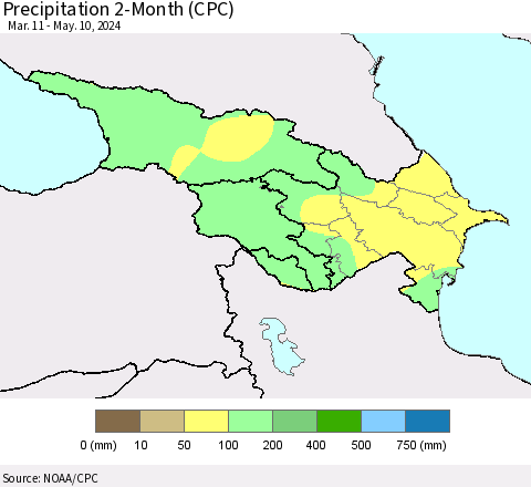 Azerbaijan, Armenia and Georgia Precipitation 2-Month (CPC) Thematic Map For 3/11/2024 - 5/10/2024