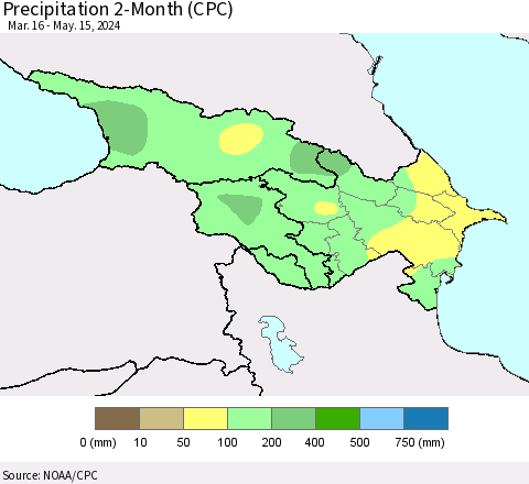 Azerbaijan, Armenia and Georgia Precipitation 2-Month (CPC) Thematic Map For 3/16/2024 - 5/15/2024