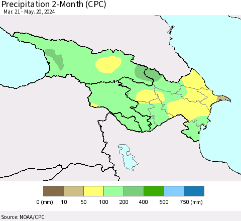 Azerbaijan, Armenia and Georgia Precipitation 2-Month (CPC) Thematic Map For 3/21/2024 - 5/20/2024