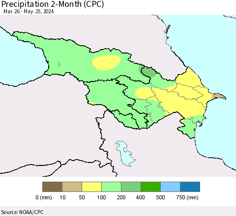 Azerbaijan, Armenia and Georgia Precipitation 2-Month (CPC) Thematic Map For 3/26/2024 - 5/25/2024