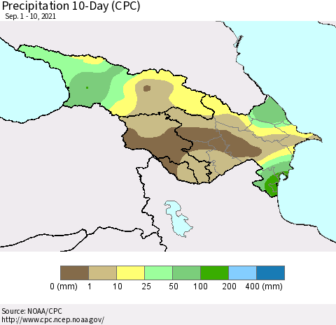Azerbaijan, Armenia and Georgia Precipitation 10-Day (CPC) Thematic Map For 9/1/2021 - 9/10/2021
