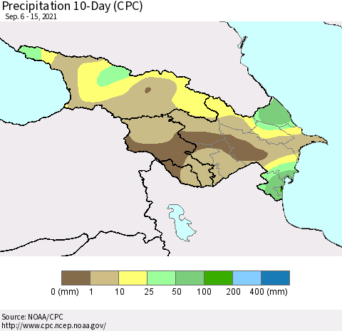Azerbaijan, Armenia and Georgia Precipitation 10-Day (CPC) Thematic Map For 9/6/2021 - 9/15/2021