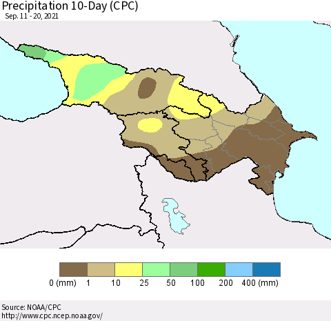 Azerbaijan, Armenia and Georgia Precipitation 10-Day (CPC) Thematic Map For 9/11/2021 - 9/20/2021
