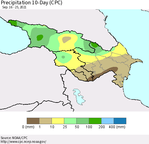 Azerbaijan, Armenia and Georgia Precipitation 10-Day (CPC) Thematic Map For 9/16/2021 - 9/25/2021