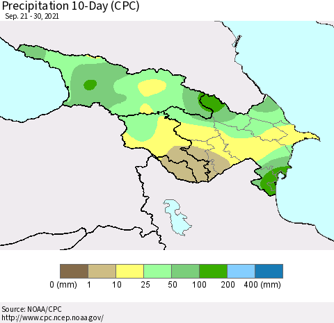 Azerbaijan, Armenia and Georgia Precipitation 10-Day (CPC) Thematic Map For 9/21/2021 - 9/30/2021