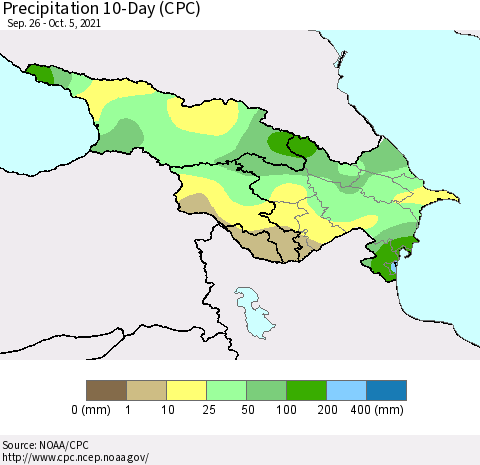 Azerbaijan, Armenia and Georgia Precipitation 10-Day (CPC) Thematic Map For 9/26/2021 - 10/5/2021