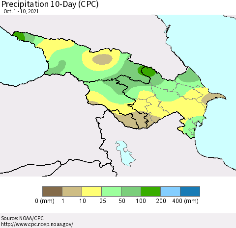 Azerbaijan, Armenia and Georgia Precipitation 10-Day (CPC) Thematic Map For 10/1/2021 - 10/10/2021
