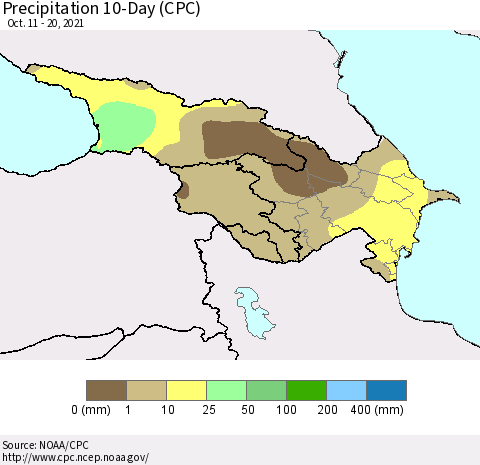 Azerbaijan, Armenia and Georgia Precipitation 10-Day (CPC) Thematic Map For 10/11/2021 - 10/20/2021