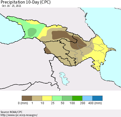 Azerbaijan, Armenia and Georgia Precipitation 10-Day (CPC) Thematic Map For 10/16/2021 - 10/25/2021