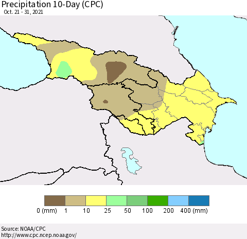 Azerbaijan, Armenia and Georgia Precipitation 10-Day (CPC) Thematic Map For 10/21/2021 - 10/31/2021