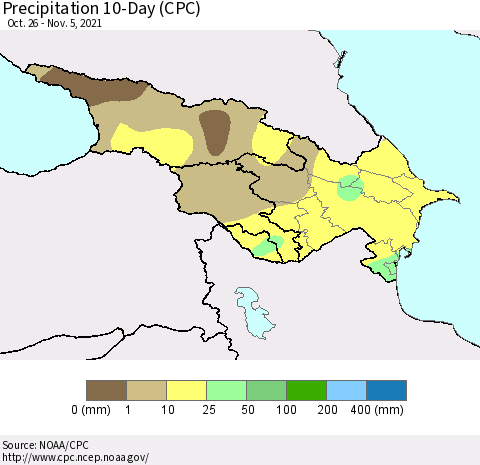 Azerbaijan, Armenia and Georgia Precipitation 10-Day (CPC) Thematic Map For 10/26/2021 - 11/5/2021