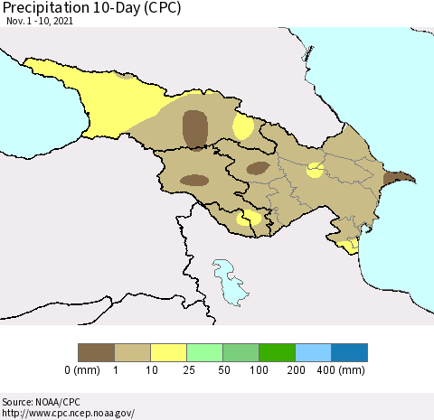 Azerbaijan, Armenia and Georgia Precipitation 10-Day (CPC) Thematic Map For 11/1/2021 - 11/10/2021