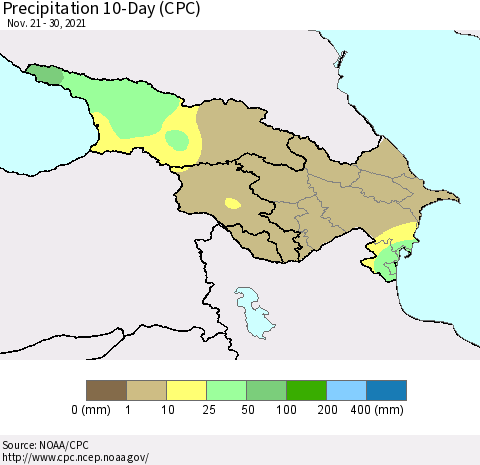 Azerbaijan, Armenia and Georgia Precipitation 10-Day (CPC) Thematic Map For 11/21/2021 - 11/30/2021