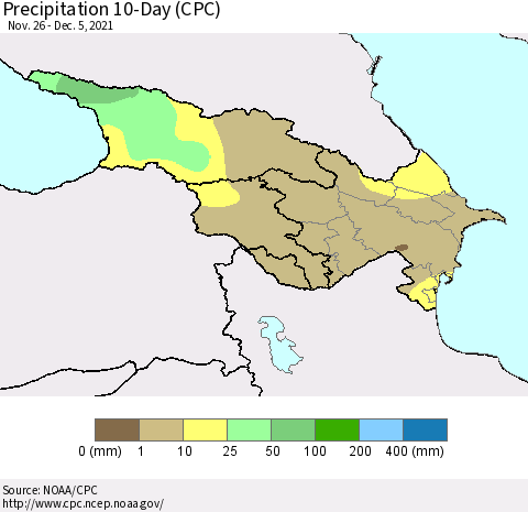 Azerbaijan, Armenia and Georgia Precipitation 10-Day (CPC) Thematic Map For 11/26/2021 - 12/5/2021