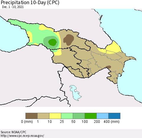 Azerbaijan, Armenia and Georgia Precipitation 10-Day (CPC) Thematic Map For 12/1/2021 - 12/10/2021