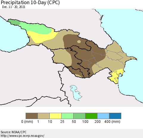Azerbaijan, Armenia and Georgia Precipitation 10-Day (CPC) Thematic Map For 12/11/2021 - 12/20/2021
