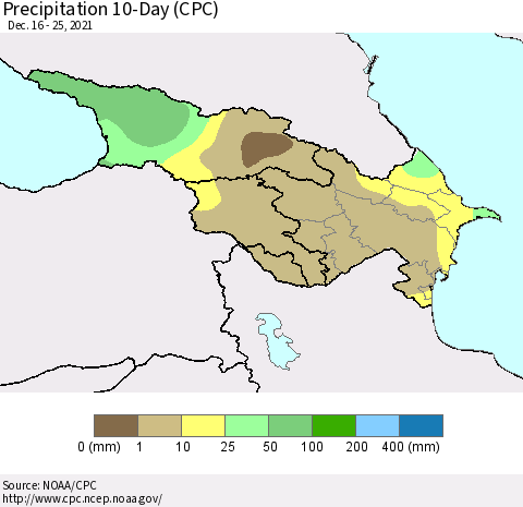 Azerbaijan, Armenia and Georgia Precipitation 10-Day (CPC) Thematic Map For 12/16/2021 - 12/25/2021