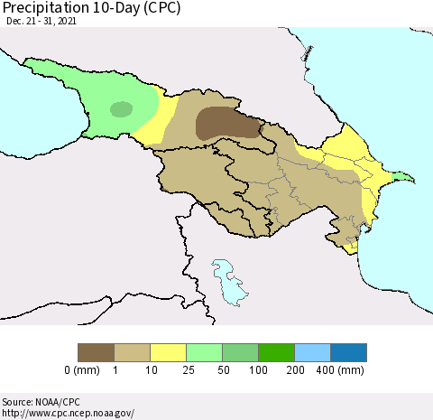 Azerbaijan, Armenia and Georgia Precipitation 10-Day (CPC) Thematic Map For 12/21/2021 - 12/31/2021