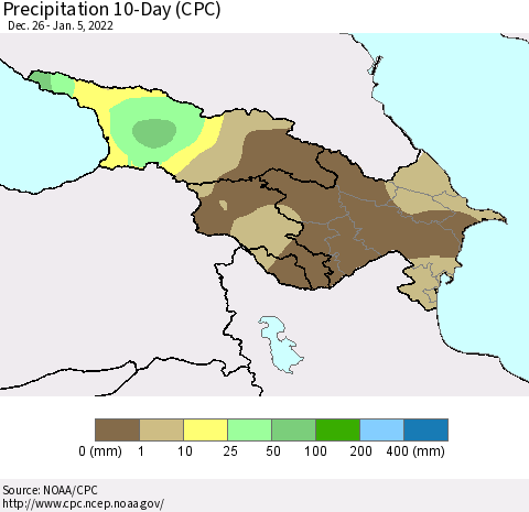 Azerbaijan, Armenia and Georgia Precipitation 10-Day (CPC) Thematic Map For 12/26/2021 - 1/5/2022