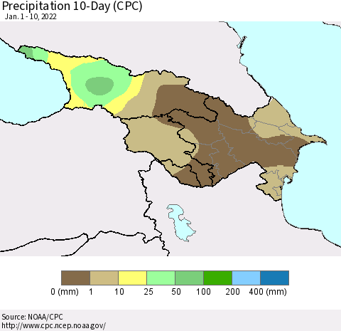 Azerbaijan, Armenia and Georgia Precipitation 10-Day (CPC) Thematic Map For 1/1/2022 - 1/10/2022
