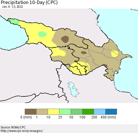 Azerbaijan, Armenia and Georgia Precipitation 10-Day (CPC) Thematic Map For 1/6/2022 - 1/15/2022