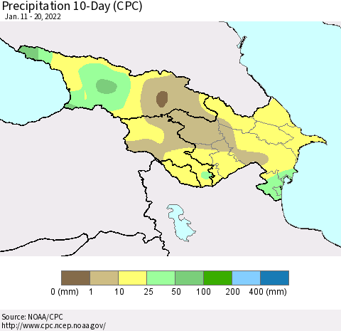 Azerbaijan, Armenia and Georgia Precipitation 10-Day (CPC) Thematic Map For 1/11/2022 - 1/20/2022